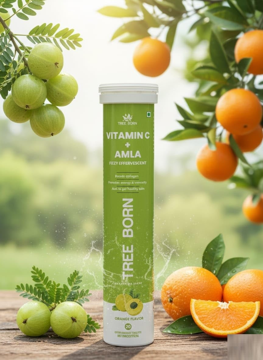 TREE BORN Vitamin C - Amla Extract + Zinc for Immunity | Helps to Boost Collagen for Healthy Skin, Hair &amp; Nails | Orange Flavour- Pack of 1 (20 tablets)