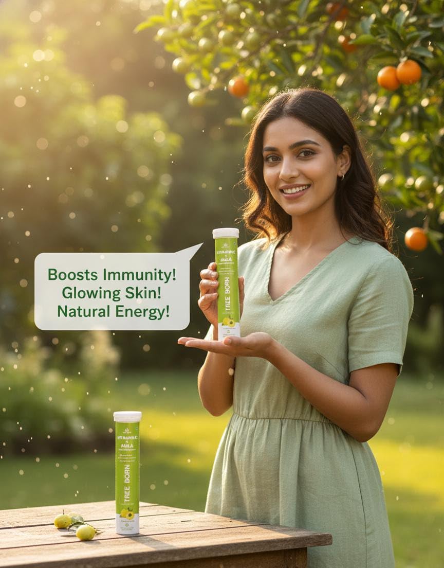 TREE BORN Vitamin C - Amla Extract + Zinc for Immunity | Helps to Boost Collagen for Healthy Skin, Hair &amp; Nails | Orange Flavour- Pack of 1 (20 tablets)