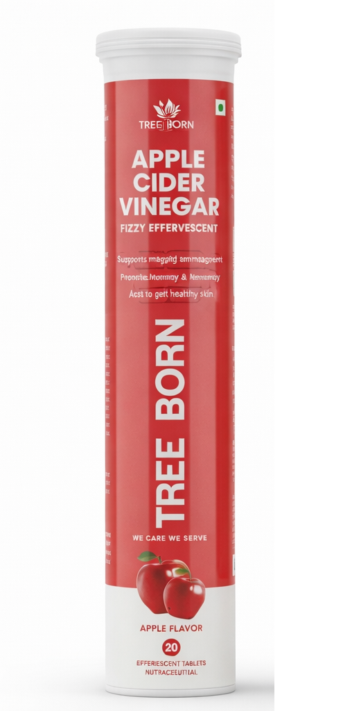 TREE BORN Apple Cider Vinegar Effervescent Tablet with mother | Supports Metabolism &amp; Appetite Control I With 500mg ACV, Vit B6 &amp; B12 I No Maltodextrin, No Added Sugar I Pack of 1 (20 tablets)