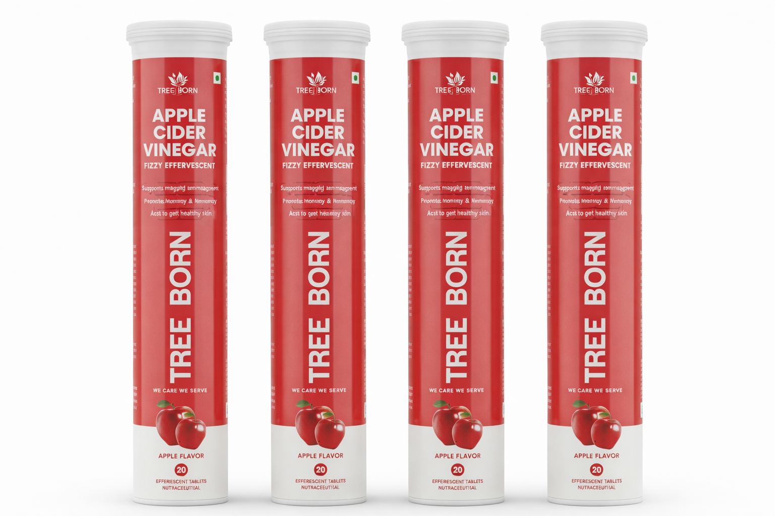 TREE BORN Apple Cider Vinegar Effervescent Tablet with mother | Supports Metabolism &amp; Appetite Control I With 500mg ACV, Vit B6 &amp; B12 I No Maltodextrin, No Added Sugar I Pack of 4 (80 tablets)