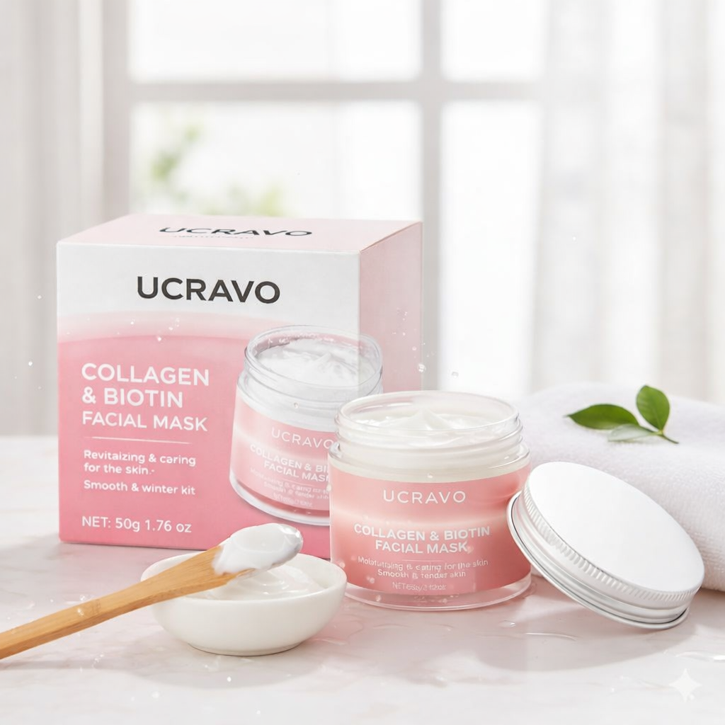 UCRAVO Collagen Face Mask with Application Brush - Gel Formula Day/Night Light Beige, Collagen Serum for plumping, Hydration & Radiance, Strawberry Scented for all Light Beige Types (Sensitive, Dry, Oily, Combination) - Gel Pack