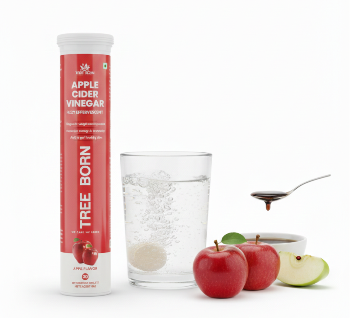 TREE BORN Apple Cider Vinegar Effervescent Tablet with mother | Supports Metabolism &amp; Appetite Control I With 500mg ACV, Vit B6 &amp; B12 I No Maltodextrin, No Added Sugar I Pack of 1 (20 tablets)