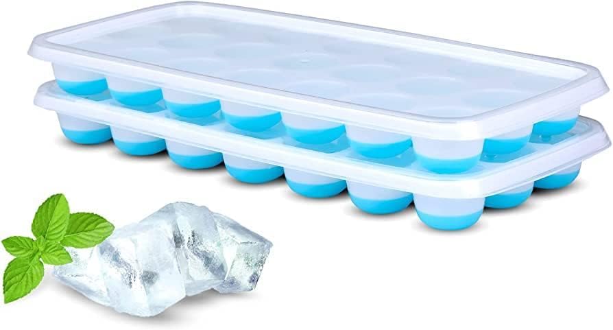 2 pcs 21 Cavity Pop Up Ice Cube Trays with Lid for Freezer with Easy Release Flexible Silicone Bottom, Stackable, Durable Food Grade, Dishwasher Safe for Freezer, Cocktail