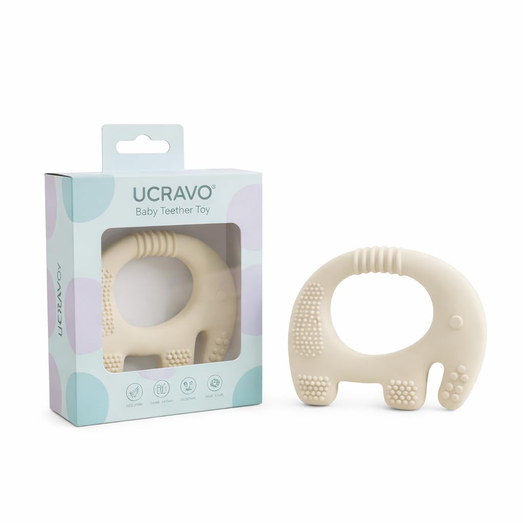 UCRAVO Beige Cream Elephant Baby Teether Toy, 100% Food-Grade Silicone Non-Toxic, Freezer Safe Infant Gum Massager, Easy Grip, Soothing Pain Relief Chew Toy for Newborns & 3+ Months