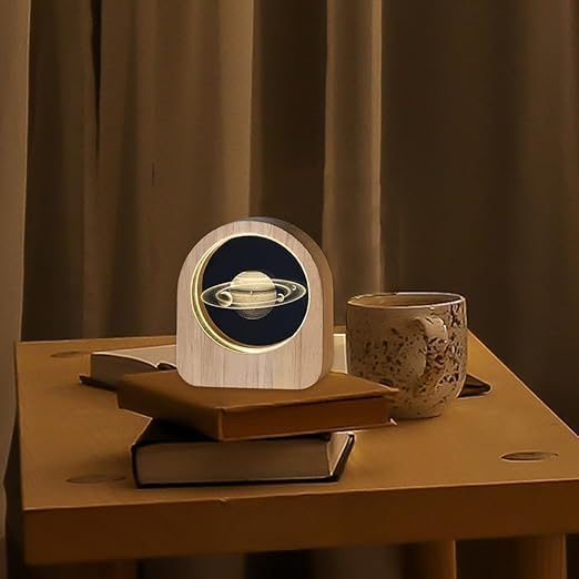 UCRAVO 3D Saturn Crystal Ball Night LED Light Lamp for Kids with Wooden Base, USB Rechargeable, Wood Holder Display Stand Night Lamps Desktop Home Decoration Birthday Gift for Kids Boys & Girls