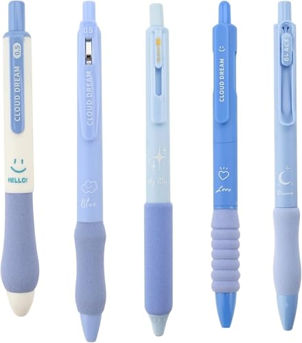 UCRAVO Green Tea 5 Pcs Gel Retractable Quick Dry Blue Ink 0.5mm Fine Point Aesthetic Stuff Ink Comfort Grip Smooth Writing Journaling Note Taking Pens Bulk Pens School Office Supplies Green