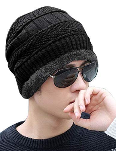 UCRAVO Unisex Wool Winter Casual Style Cap For Men Hats For Men Women-Garam Neck Warmer Winter Hat Scarf Set Fleece Lined Cap With Pom, Black Knit Beanie Stocking Stuffers Topaa, Blue,Silver, Onesize