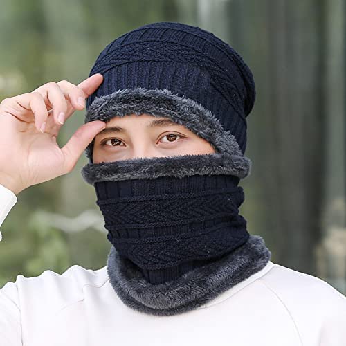 UCRAVO Unisex Wool Winter Casual Style Cap For Men Hats For Men Women-Garam Neck Warmer Winter Hat Scarf Set Fleece Lined Cap With Pom, Black Knit Beanie Stocking Stuffers Topaa, Blue,Silver, Onesize