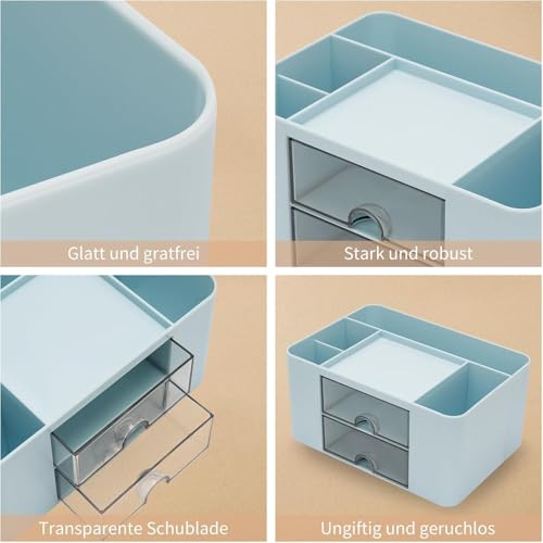 UCRAVO Stylish Stackable Desk Organizer with 2 Drawers and 5 Compartments– Multi-Functional Desktop Storage Box with Pen Holder for Home, Office, School, Craft Supplies, and Art Stationery - Blue