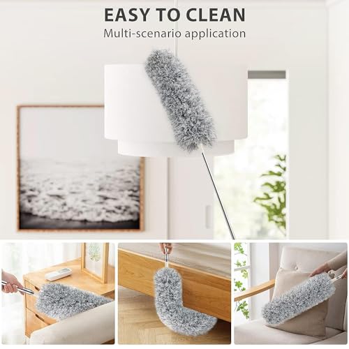 UCRAVO 3 in 1 Microfiber Feather Duster Set with 100 Inch Extendable Pole | 4 PCS Bendable Washable Fan Cleaning Brush for Ceiling Fans, High Ceilings, Cobwebs, Furniture, Walls & Home Dusting