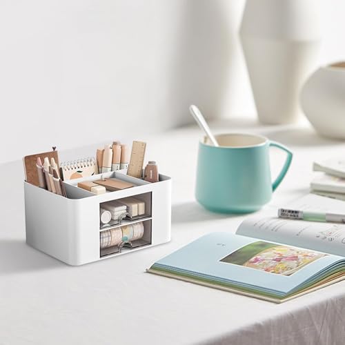 UCRAVO Stylish Stackable Desk Organizer with 2 Drawers and 5 Compartments– Multi-Functional Desktop Storage Box with Pen Holder for Home, Office, School, Craft Supplies, and Art Stationery - Blue