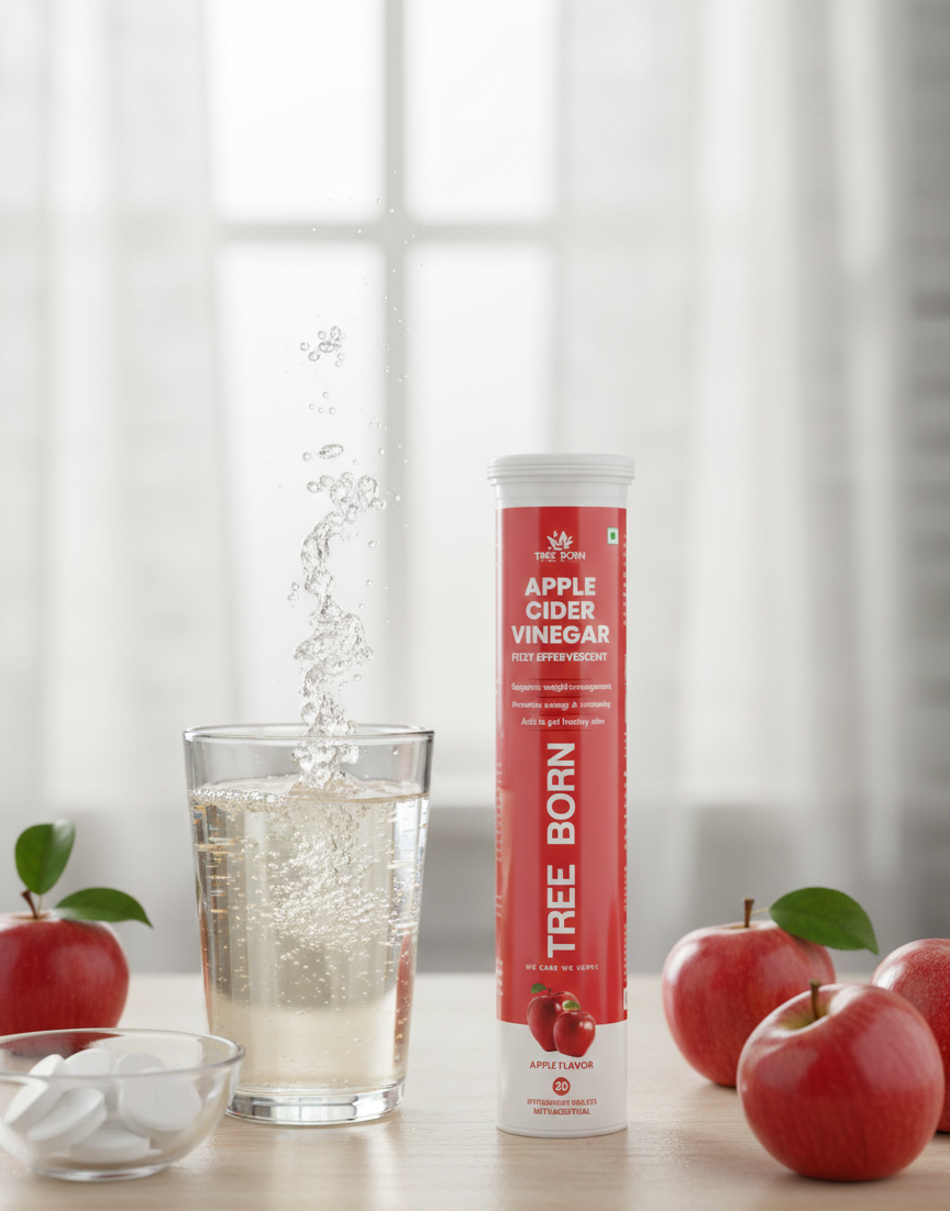 TREE BORN Apple Cider Vinegar Effervescent Tablet with mother | Supports Metabolism &amp; Appetite Control I With 500mg ACV, Vit B6 &amp; B12 I No Maltodextrin, No Added Sugar I Pack of 1 (20 tablets)