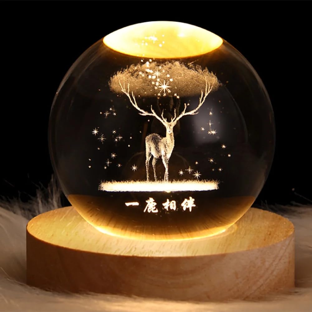 UCRAVO 3D Galaxy Crystal Ball with Wooden Base, 3D Crystal Ball Solar System, Planet Engraved Glass Ball Cosmic Model, Luminous Crystal Ball for Christmas Nightlight Astronomy Gifts for Kids Birthday
