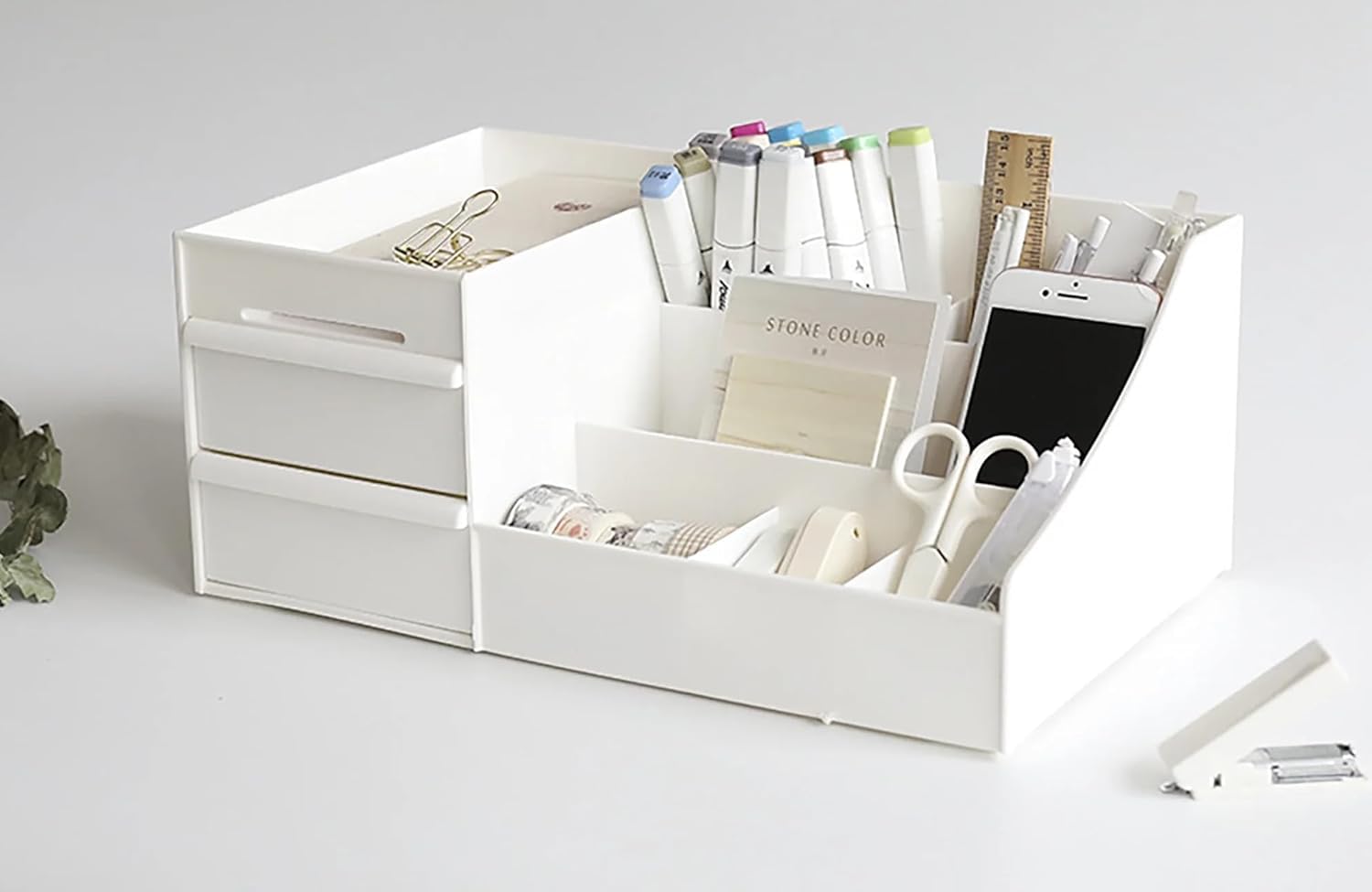 UCRAVO Multi-Functional Desk Organiser with 5 Compartments and 2 Drawer Desktop Office Supplies Stationery Storage Box Cosmetic Organizer for Ballpoint Pens Staplers Clips Sticky Notes - White