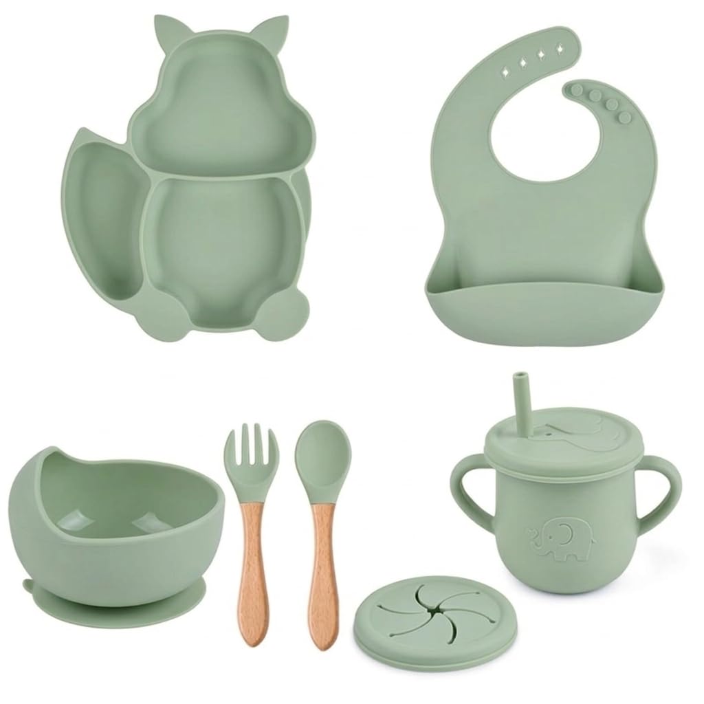 UCRAVO Green Silicone Baby Feeding Set 6 Piece Toddler Feeding Supplies with Anti Slip Suction Bowl & Plate, Waterproof Adjustable Bib,Resistant Straw Cup, Baby Training Spoon & Fork for Self Feeding