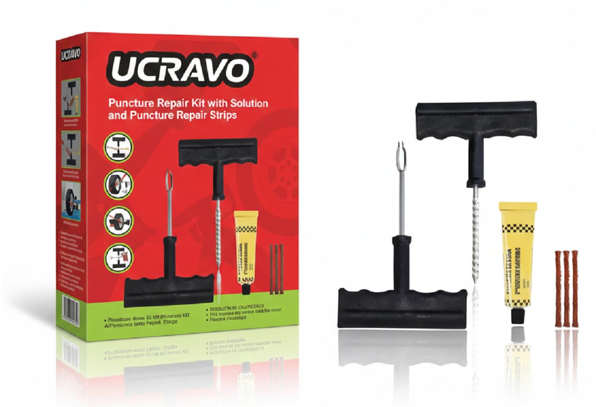 UCRAVO Tubeless Tyre Puncture Repair Kit for Bike, Scooter, Car 3 Puncture Repair Strips with Rubber Solution Emergency for Motorcycle & Car Tubeless Tyres | Quick Nail Hole Fix Tool for Roadside Use
