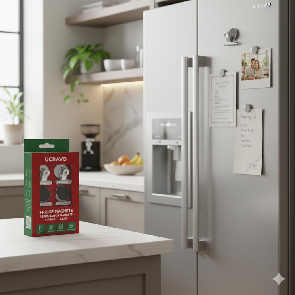 UCRAVO Pack of 4 Heavy Duty Magnetic Refrigerator Clips – Metal Magnet Clips for Whiteboard, Office, & Classroom – Strong Spring Memo Holder for Documents & Calendars