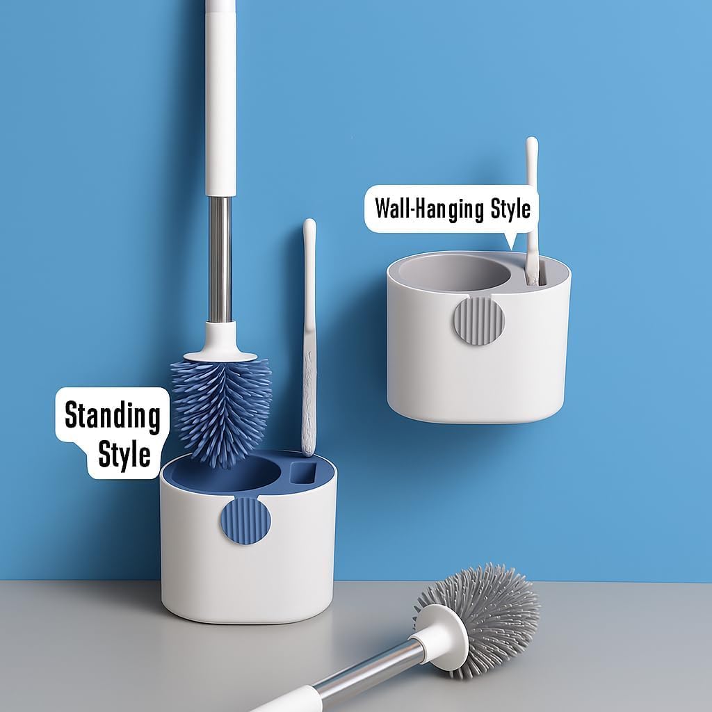 UCRAVO Toilet Cleaning Brush with Holder Stand Stainless Steel Handle & Tweezers, Wall Mounted Toilet Brush Cleaner with Caddy, Washroom Brush Cleaner, Durable Cleaner Brush for Bathroom Cleaning