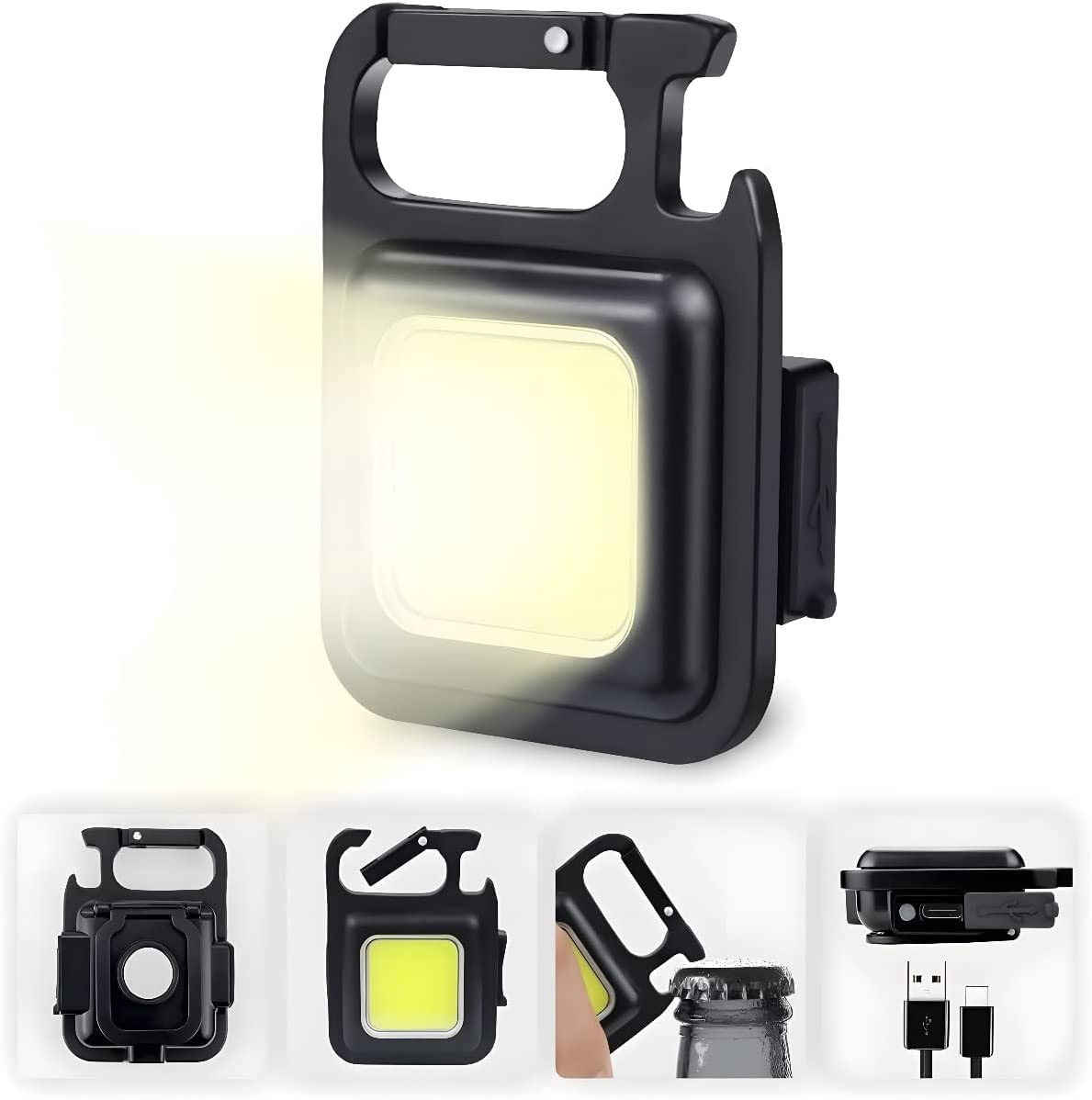 UCRAVO Mini LED Flashlight Keychain Torch COB Work Lights 500 Lumens Rechargeable Waterproof Portable Pocket Lamp with Magnetic Hook Bottle Opener for Camping Emergency Repairs Pack of 1