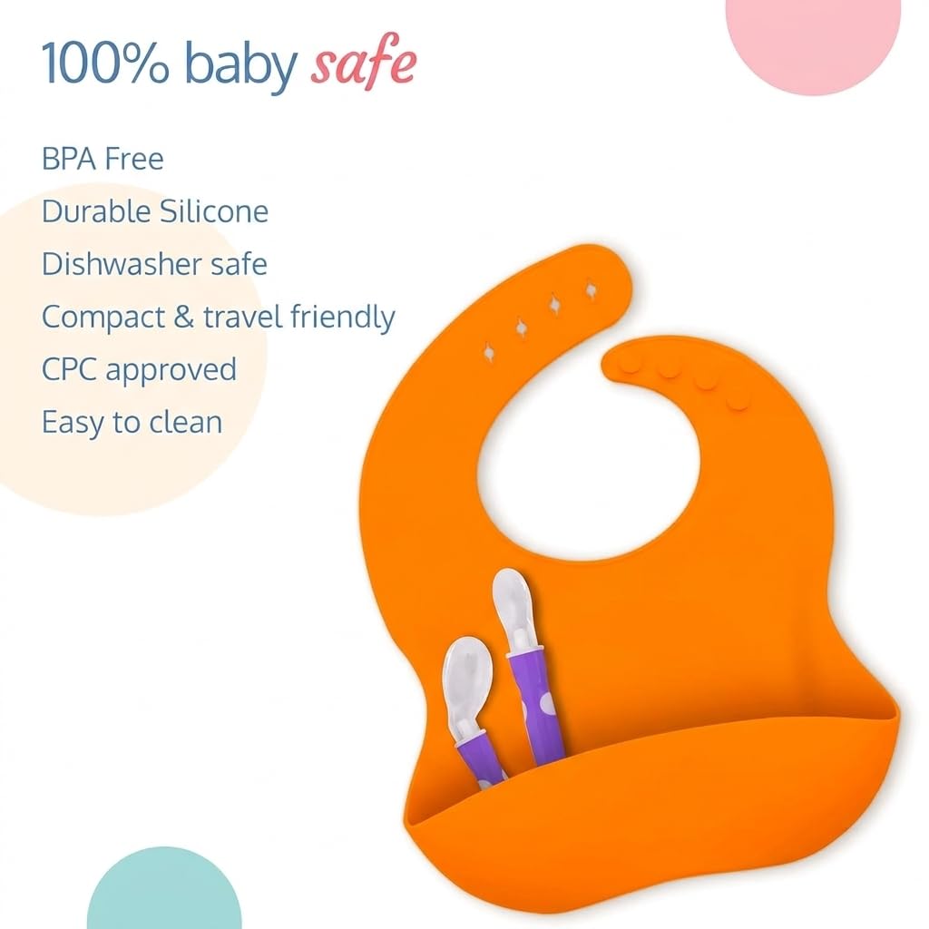 UCRAVO Vibrant Orange Silicone Bib with Extra Wide Food Pocket – Leakproof Toddler Feeding Bib – Soft Adjustable Neck Strap – BPA-Free Dishwasher Safe Silicone Bib for Messy Eaters