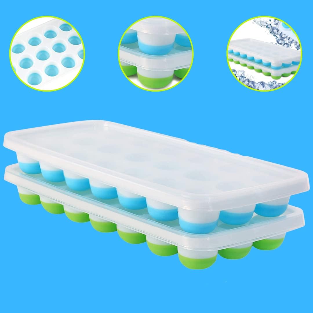 2 pcs 21 Cavity Pop Up Ice Cube Trays with Lid for Freezer with Easy Release Flexible Silicone Bottom, Stackable, Durable Food Grade, Dishwasher Safe for Freezer, Cocktail