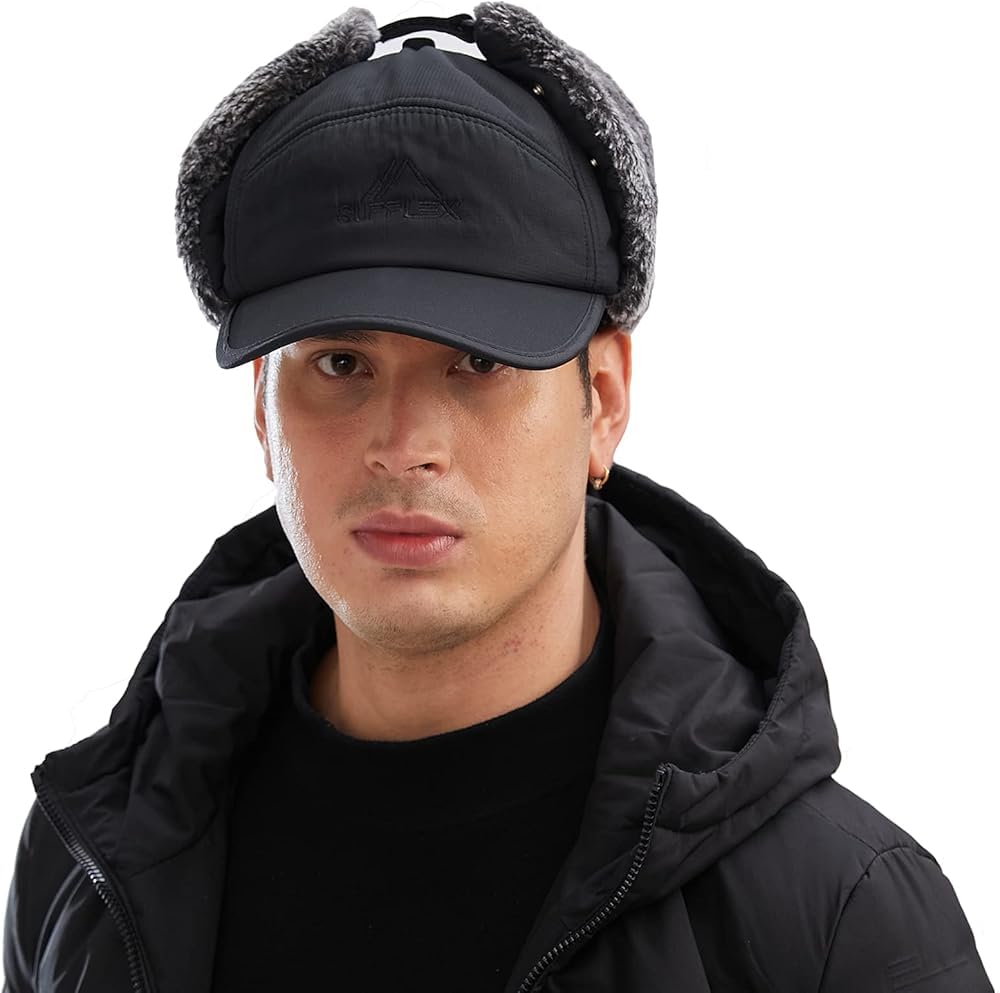 UCRAVO Winter Trapper Hat for Men - Warm Thermal Fur Bomber Hats | Insulated Baseball Cap with Ear Flap & Face Cover | Windproof Waterproof Winter Cap for Skiing, Hiking, Hunting & Extreme Cold Black