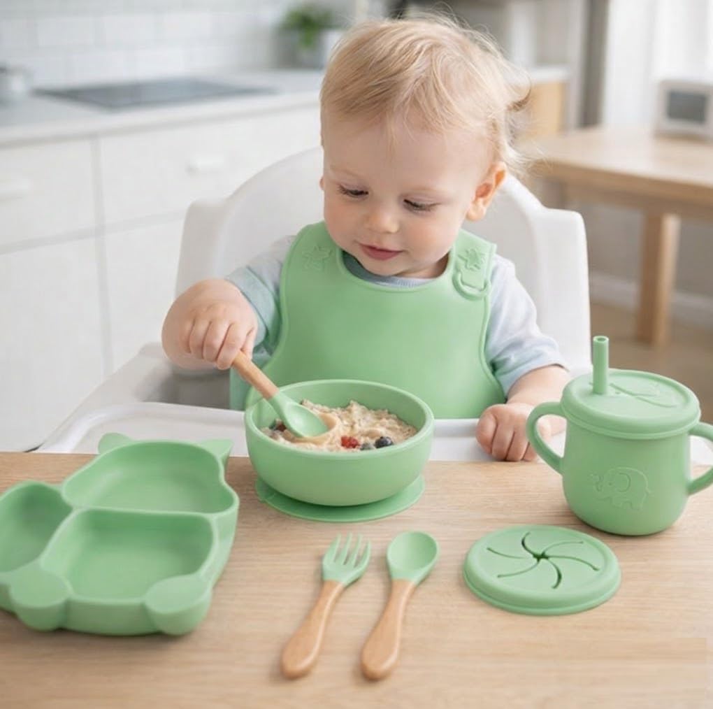 UCRAVO Green Silicone Baby Feeding Set 6 Piece Toddler Feeding Supplies with Anti Slip Suction Bowl & Plate, Waterproof Adjustable Bib,Resistant Straw Cup, Baby Training Spoon & Fork for Self Feeding