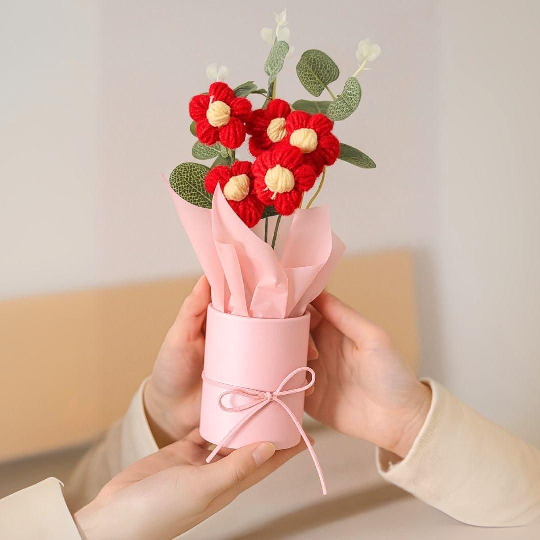 UCRAVO Crochet Flower Bouquet Handmade Knitted Artificial Flowers Cute Yarn Flower Mini Bouquet Gift Box,Aesthetic Romantic Gift for Girlfriend Wife Mom,Forever Flower Decoration for Desk Home Office