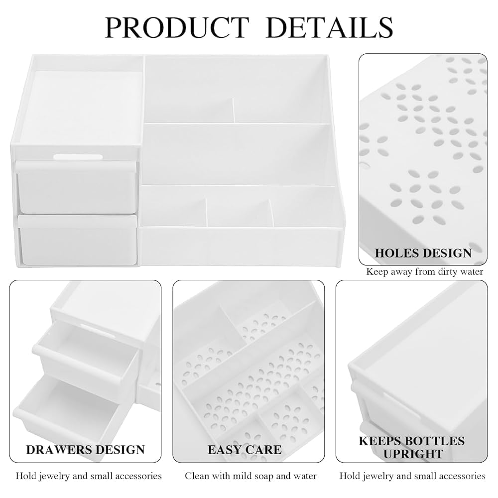 UCRAVO Multi-Functional Desk Organiser with 5 Compartments and 2 Drawer Desktop Office Supplies Stationery Storage Box Cosmetic Organizer for Ballpoint Pens Staplers Clips Sticky Notes - White