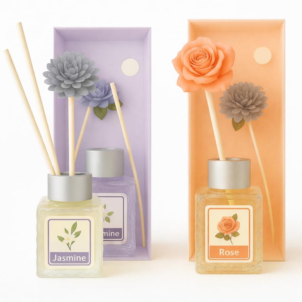 UCRAVO Floral Reed Diffuser Combo Jasmine & Rose Fragrance Oil Set Premium Home Air Freshener with Decorative Flower Reeds | Long Lasting Scent for Living Room, Bedroom, Bathroom & Office (Pack of 2)