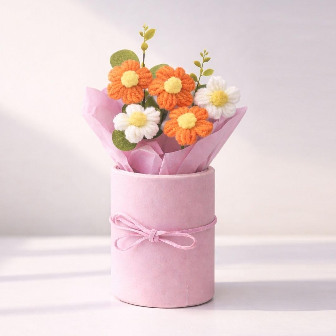 UCRAVO Artificial Crochet Flower Bouquet Orange Daisy Handmade Knitted Flower Arrangement with Mini Pot,Cute Decorative Flowers for Desk Decor,Room Decoration, Car Dashboard,Aesthetic Gift for Girls