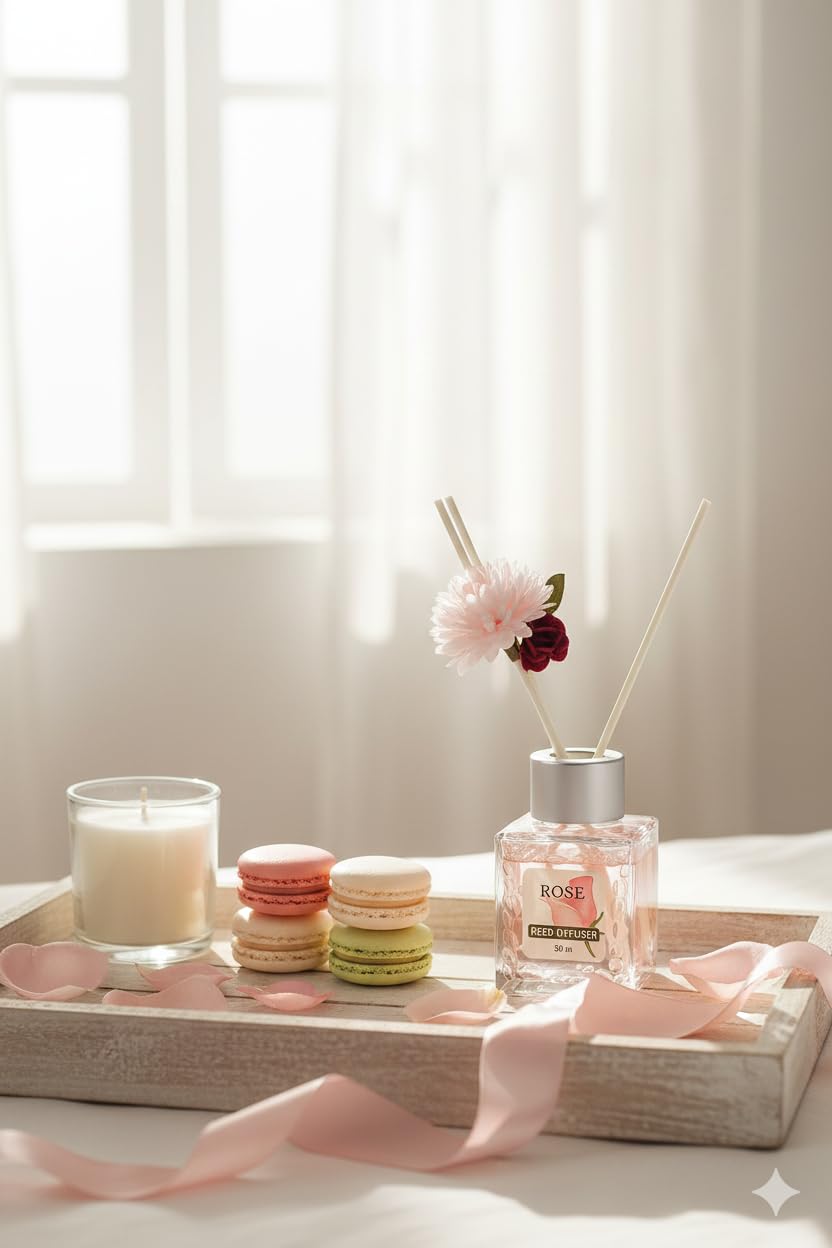 UCRAVO 50ML Rose Reed Diffuser for Home & Office | Long Lasting Roses Aroma Diffuser Oil | Floral Home Fragrance Reed Diffuser | Natural Rose Scented Room Freshener | Aromatherapy Diffuser Set (1 Pc)