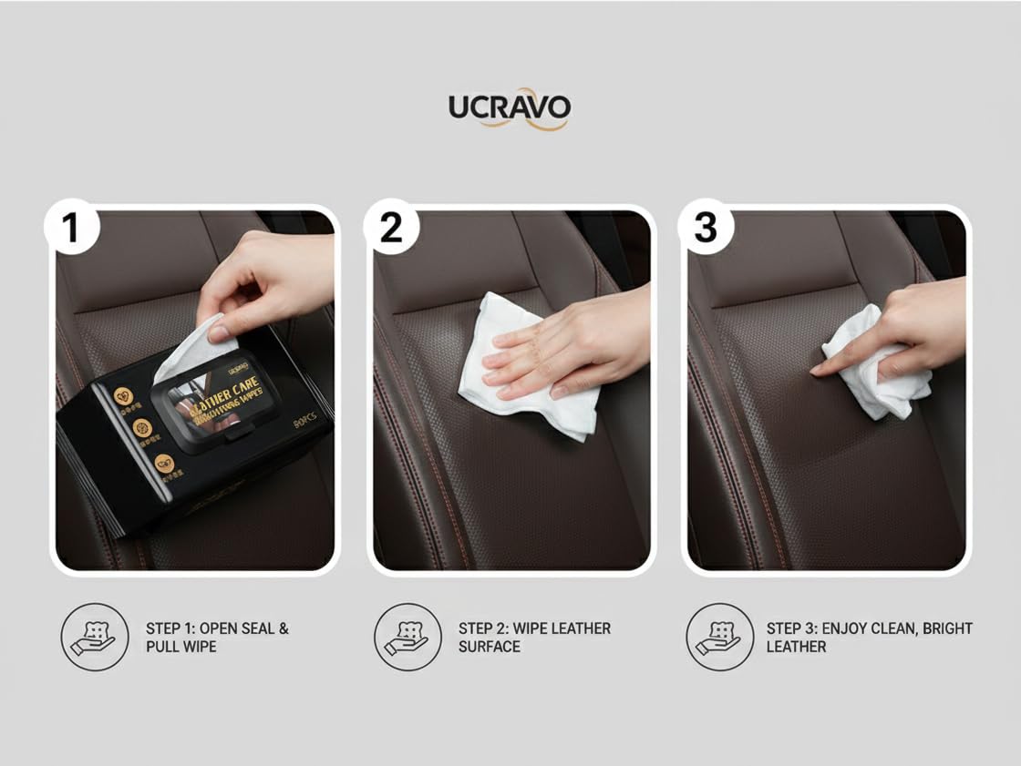 UCRAVO Leather Care Brightening Wipes 80 PCS – Car Seat Leather Cleaner & Conditioner Wipes for Sofa, Bags, Shoes, Wallet, Jacket, Furniture | Removes Dirt, Restores Shine & Protects Leather