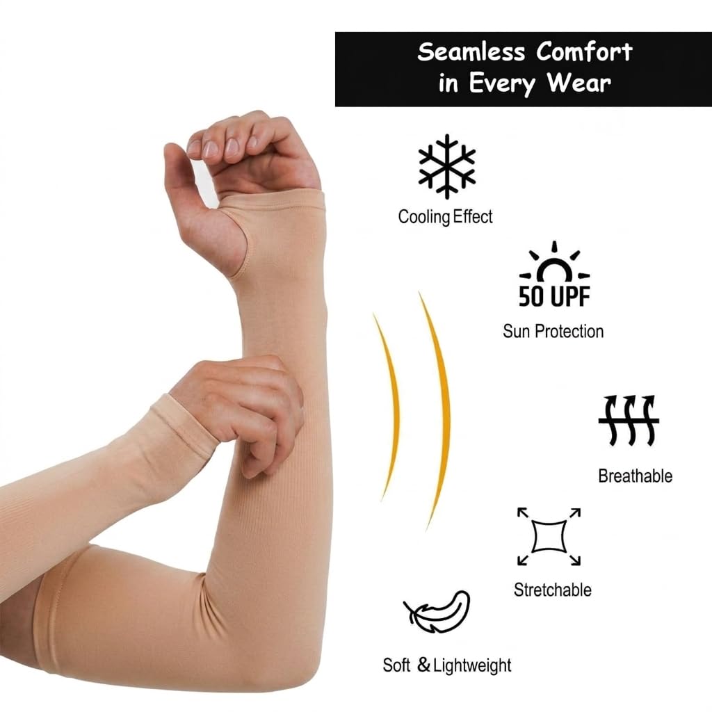 UCRAVO UV Protection Arm Sleeves for Men & Women, Invisible Sun Protection Hand Cover with Thumb Hole for Driving, Gardening, Office Commute & Daily Outdoor Use,Soft Lightweight Stretch(Skin, 1 Pair)