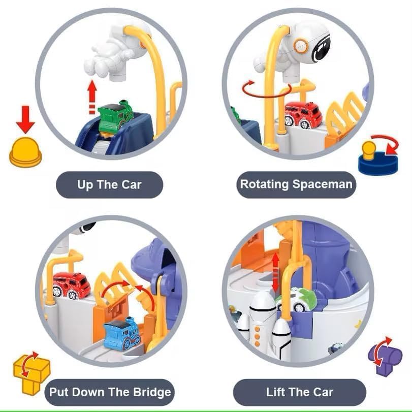 UCRAVO Space Orbit Challenge Adventure Cars Track Toy, Preschool Educational Puzzle Car Track Playset, City Rescue Vehicle Ramp Race Set with Space Theme, Interactive Toddler Learning Toy Gift