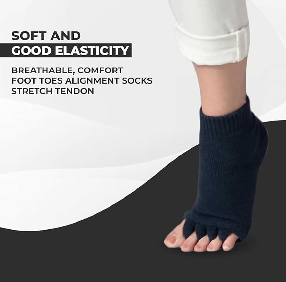UCRAVO Ribbed Toe Separator Socks for Yoga, Pedicure & Foot Alignment | Open Toe Five Finger Socks for Toe Stretching, Bunion Relief, Balance & Foot Comfort | Soft Breathable Fabric | Black