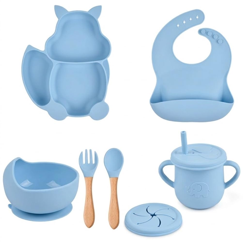 UCRAVO Blue Silicone Baby Feeding Set for Boys & Girls Baby Led Weaning Supplies with Suction Bowl and Divided Plate, Adjustable Silicone Bib,Leak Proof Straw Training Sippy Cup,Soft Tip Spoon & Fork