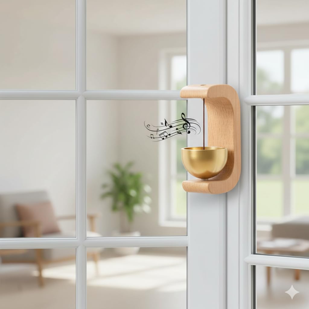 UCRAVO Beech Wooden Door Chime with Brass Bell Magnetic Bell for Home, Shop/Office Loud Clear Sound Shopkeeper Bell,Entry Alert Bell,Wooden Hanging Chime for Main Door,Housewarming Gift-Light Brown