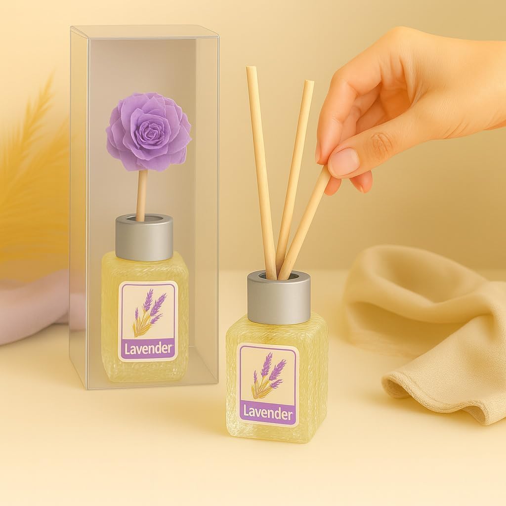 UCRAVO Lavender & Rose Home Fragrance Combo Premium Reed Diffuser Oil Set with Decorative Flower Sticks Long Lasting Floral Air Freshener for Bedroom, Living Room, Bathroom, Office & Spa (Pack of 2)