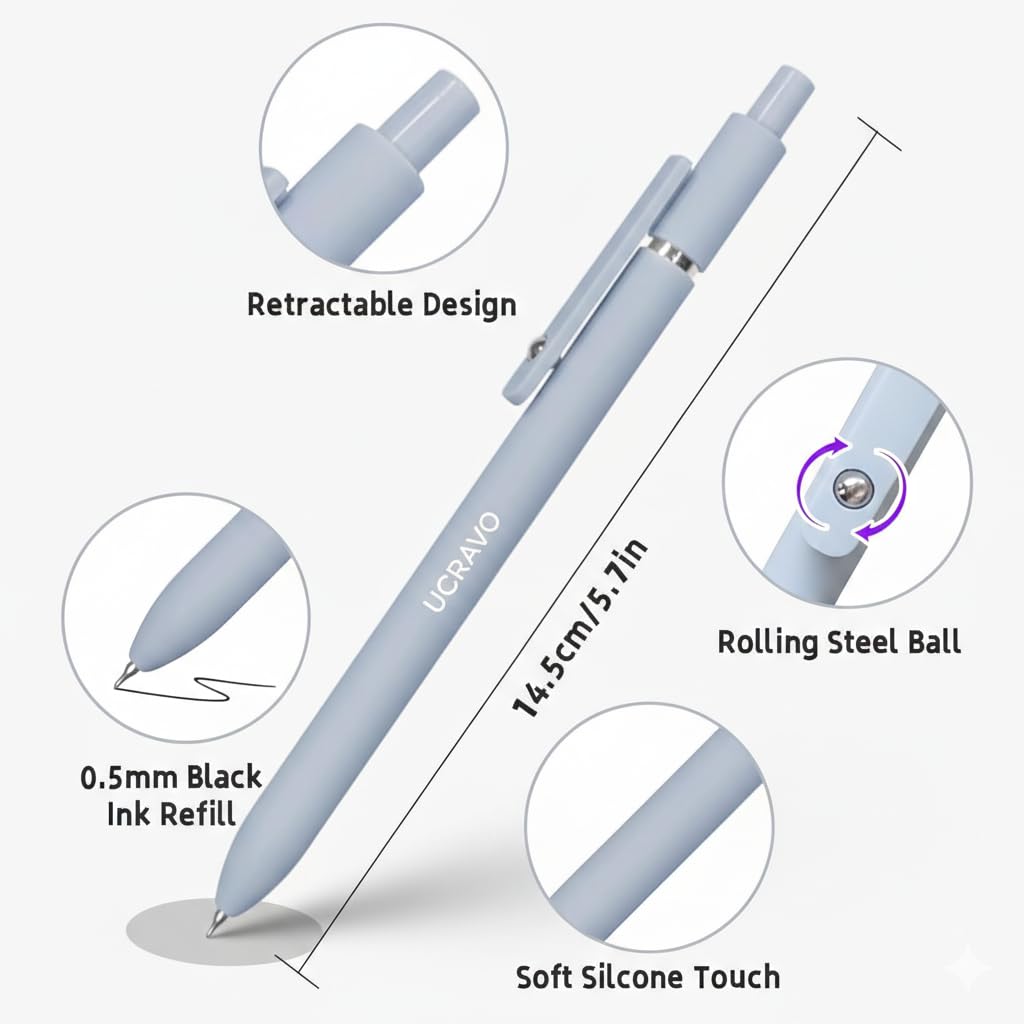 UCRAVO Gel Ink Pen Set of 5 |Ultra Smooth Writing Gel Pens with Soft Grip for Long Writing | Aesthetic Pastel Pens for Students, School, College, Office, Journaling,Notes,Exams, Sketching & Daily Use