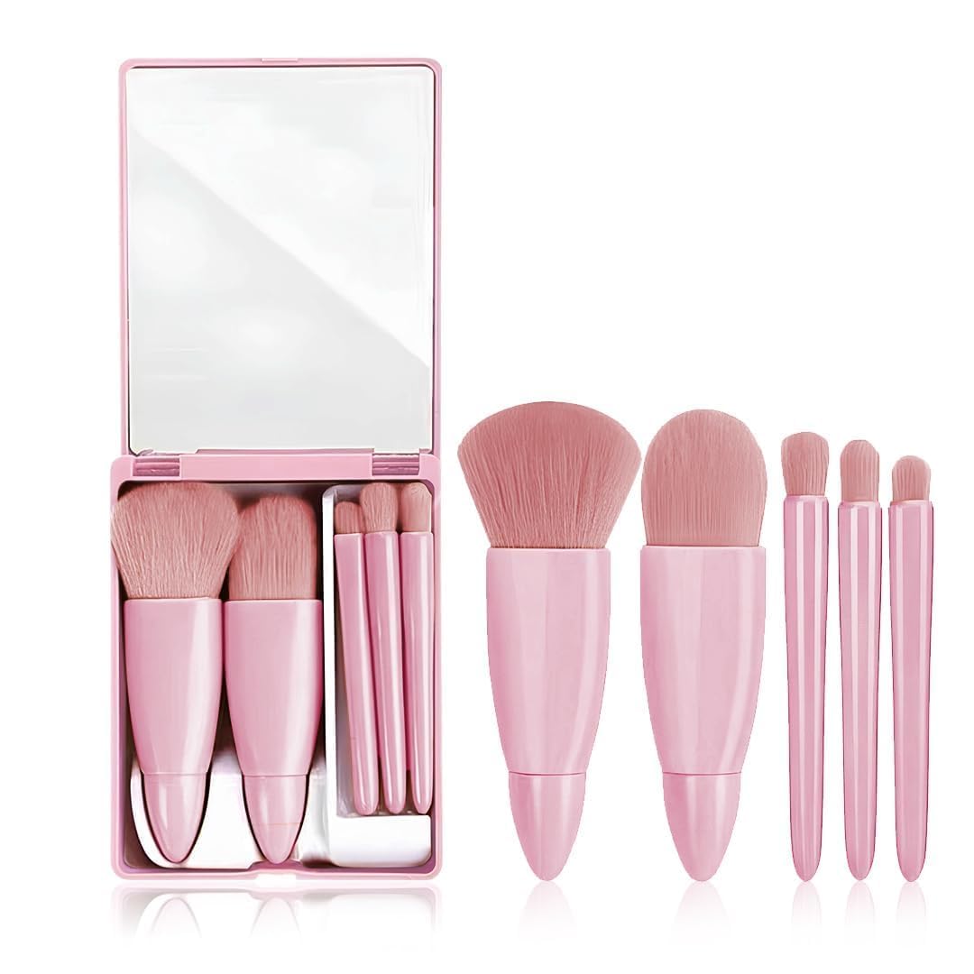 UCRAVO 5-in-1 Small Mini Makeup Brush Kit with Mirror – Compact Travel Cosmetic Set for Face, Eyeshadow, Blush, Powder & Lip Application – Portable Makeup Brush Kit for Women, Teens & Beginners