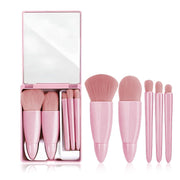 UCRAVO 5-in-1 Small Mini Makeup Brush Kit with Mirror – Compact Travel Cosmetic Set for Face, Eyeshadow, Blush, Powder & Lip Application – Portable Makeup Brush Kit for Women, Teens & Beginners