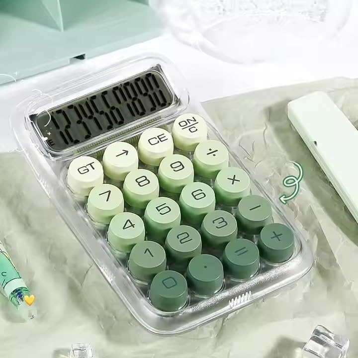 UCRAVO Clear Green Calculator, 10-Digit Desktop Adding Machine, Green Mechanical Round Buttons, Transparent Aesthetic Keypad, Small Basic for Office & School