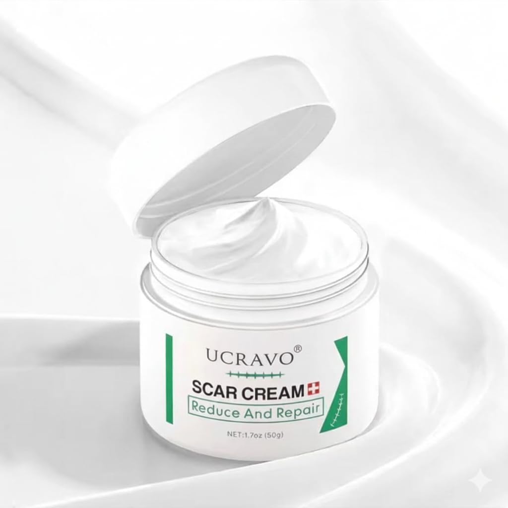 UCRAVO Scar Cream for Face & Body Advanced Scar Removal Cream for Old & New Scars Acne Scars, Stretch Marks, Burn Marks, Surgical Scar Repair Cream Fast Absorbing Non Greasy Skin Repair Formula (50g)