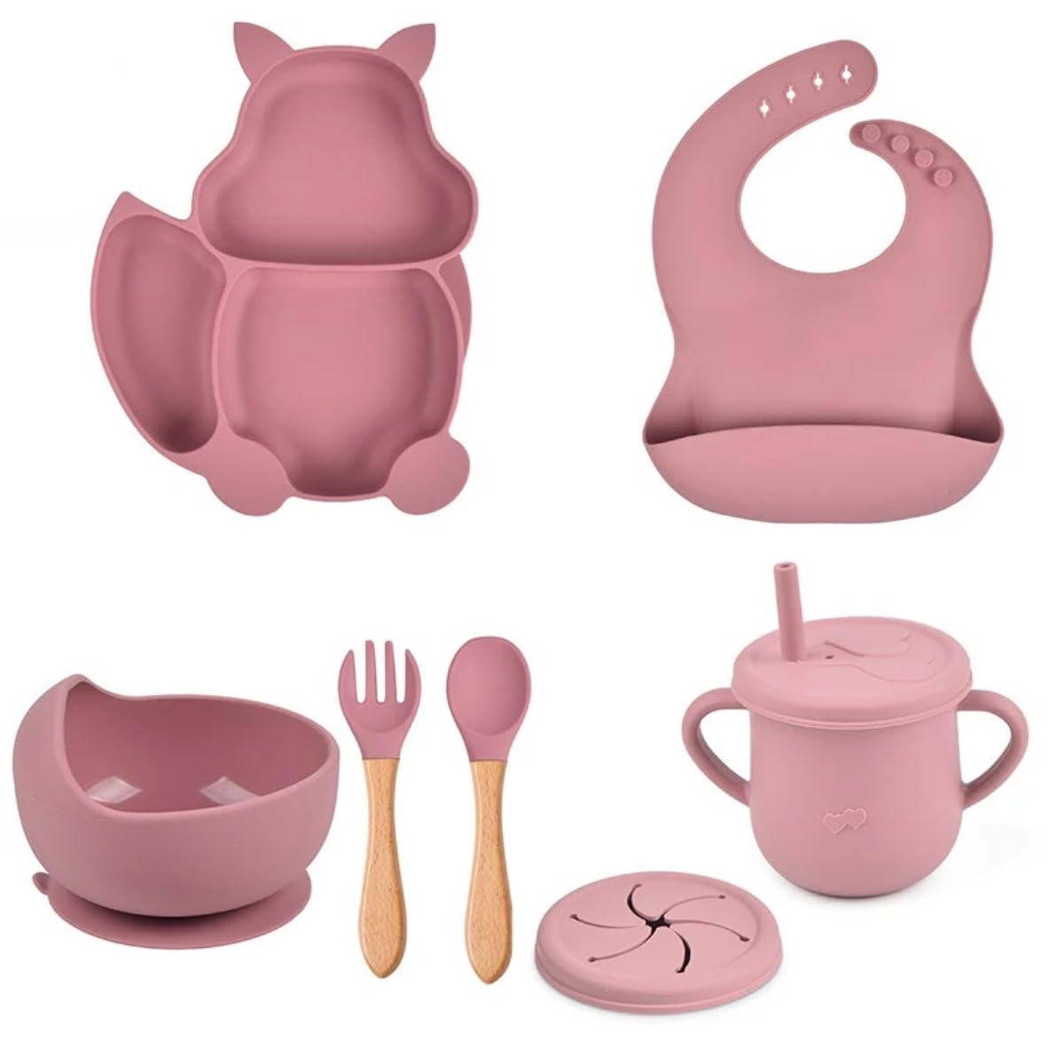 UCRAVO Pink Silicone Baby Feeding Set for Baby Girls 6 PS Baby Led Weaning Kit with Bowl & Animal Shape Divided Plate,Adjustable Food Catcher Bib,Leak Proof Straw Sippy Cup,Soft Silicone Spoon & Fork