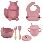 UCRAVO Pink Silicone Baby Feeding Set for Baby Girls 6 PS Baby Led Weaning Kit with Bowl & Animal Shape Divided Plate,Adjustable Food Catcher Bib,Leak Proof Straw Sippy Cup,Soft Silicone Spoon & Fork
