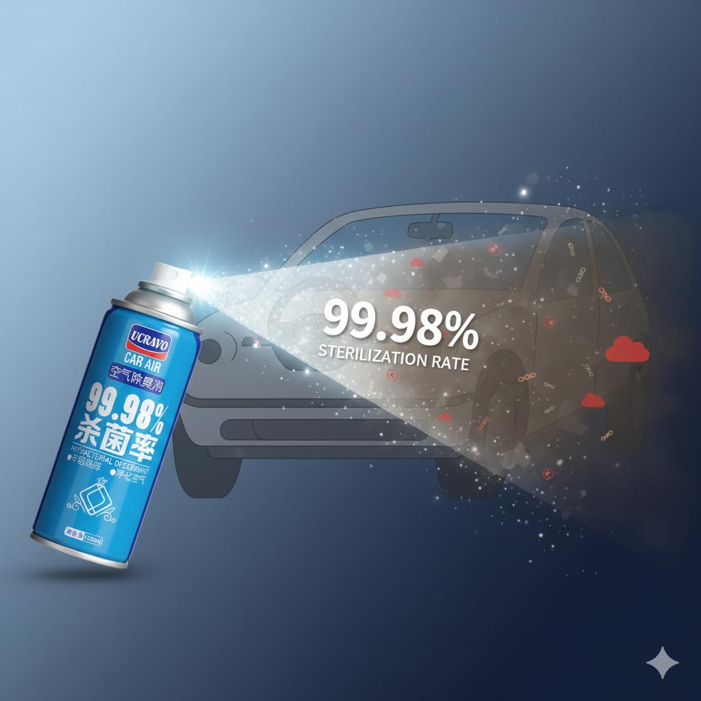 UCRAVO Car Antibacterial Air Freshener - 180ml One-Button Self-Spray Interior Deodorant | Tropical Fruit & Oud Aroma with Essential Oils | Car Sterilization Fogger | Removes Odors & Kills Germs