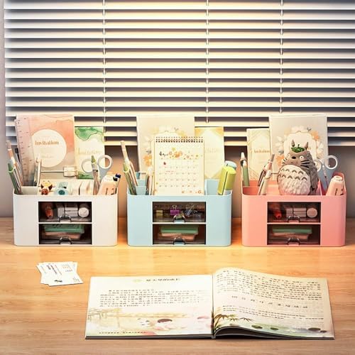 UCRAVO Stylish Stackable Desk Organizer with 2 Drawers and 5 Compartments– Multi-Functional Desktop Storage Box with Pen Holder for Home, Office, School, Craft Supplies, and Art Stationery - Blue