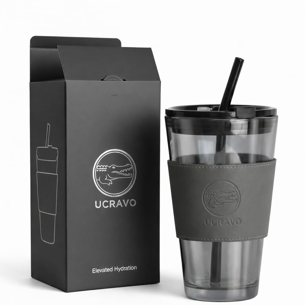 UCRAVO Leakproof Glass Tumbler with Glass Straw & Leather Sleeve | Dual Drinking Lid for Straw or Sip | Reusable BPA-Free Transparent Travel Mug for Cold Coffee, Juice, Smoothies & Daily Hydration