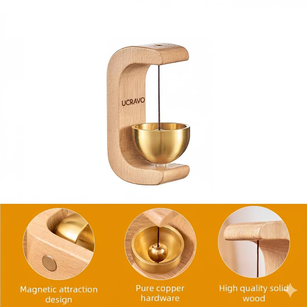 UCRAVO Beech Wooden Door Chime with Brass Bell Magnetic Bell for Home, Shop/Office Loud Clear Sound Shopkeeper Bell,Entry Alert Bell,Wooden Hanging Chime for Main Door,Housewarming Gift-Light Brown